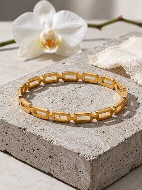 Rectangular Open Link Chain Bangle 18K Gold Plated Stainless Steel Cuff 2.28"